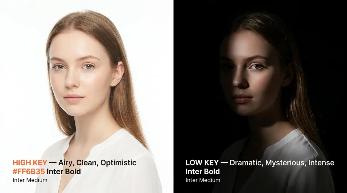 High key photography versus low key photography side-by-side comparison showing contrast in lighting and mood