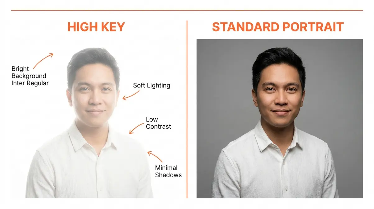 High key photography example showing bright white background and minimal shadows compared to standard portrait