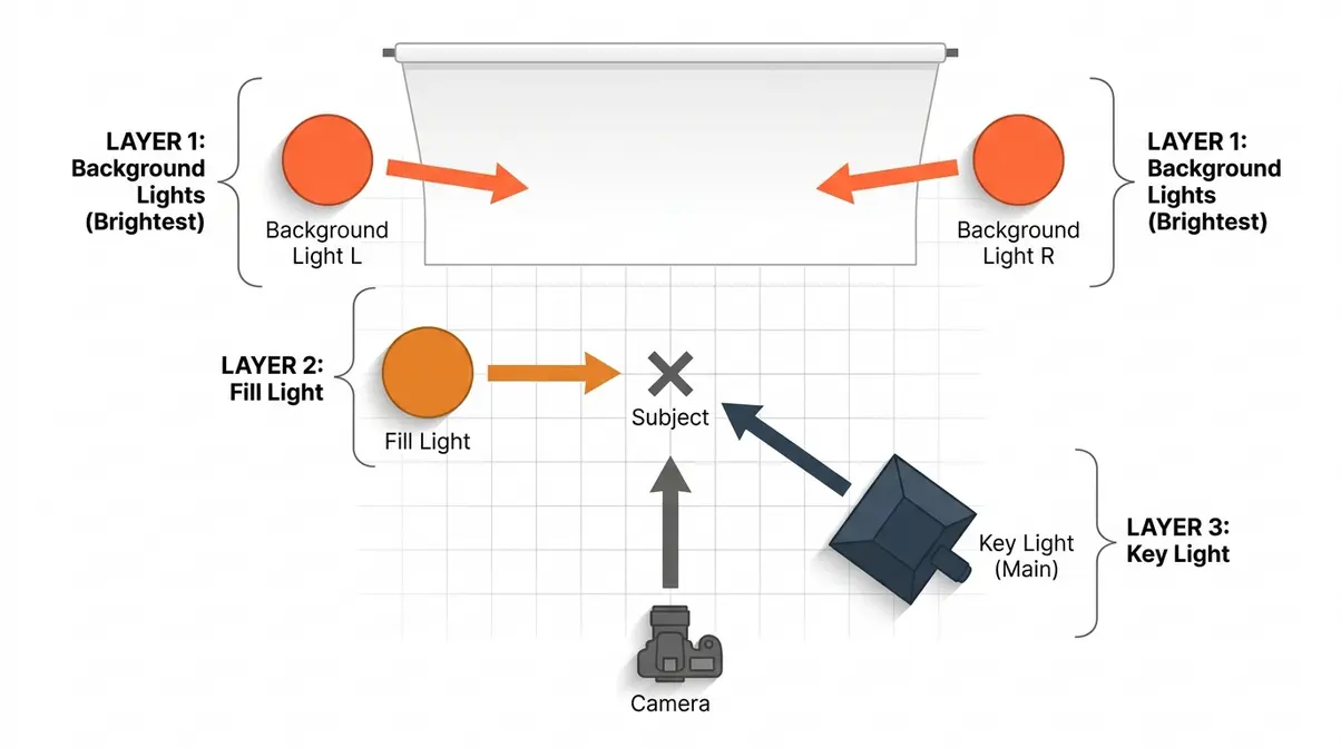 3-Layer Light Stack diagram for high key photography showing 3-light setup positions from above