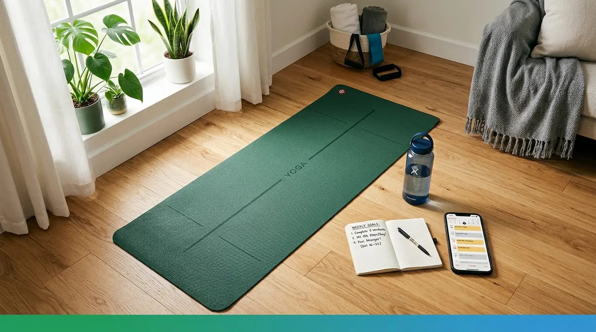 Home workout preparation setup with yoga mat notebook and weekly schedule for beginners