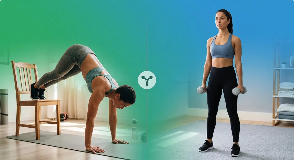 Two beginner workout progression paths showing calisthenics and dumbbell training options