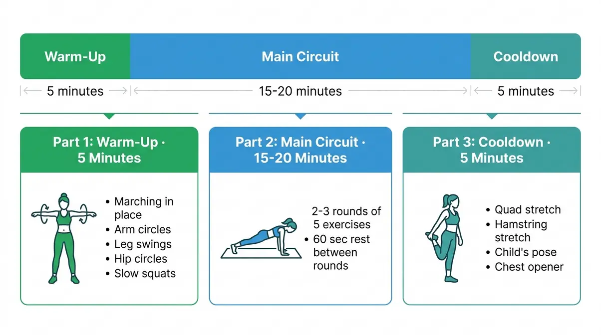 Beginner home workout session structure showing warm-up main circuit and cooldown timing