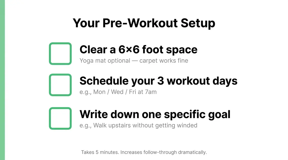 Beginner home workout setup checklist with three pre-workout preparation steps