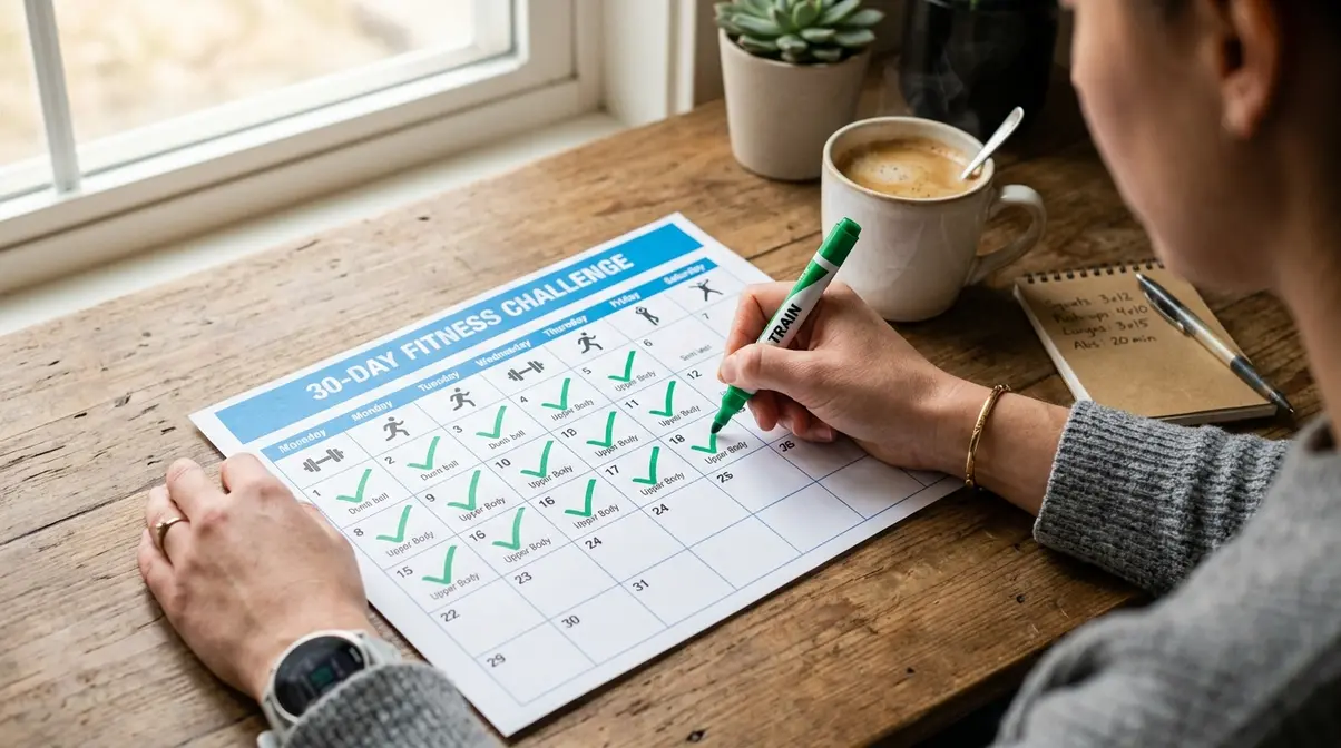 Person checking off completed workout day on a 30-day beginner fitness calendar