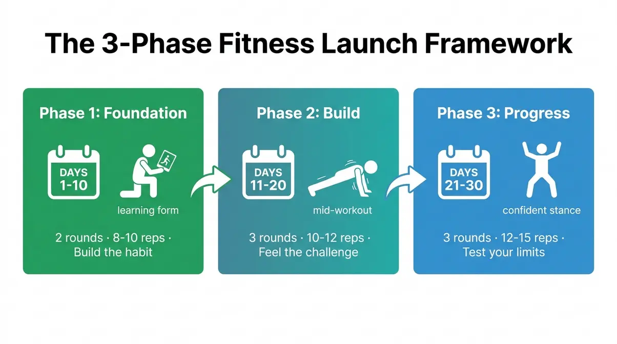 Home workout plan for beginners 3-phase fitness launch framework showing days 1 through 30
