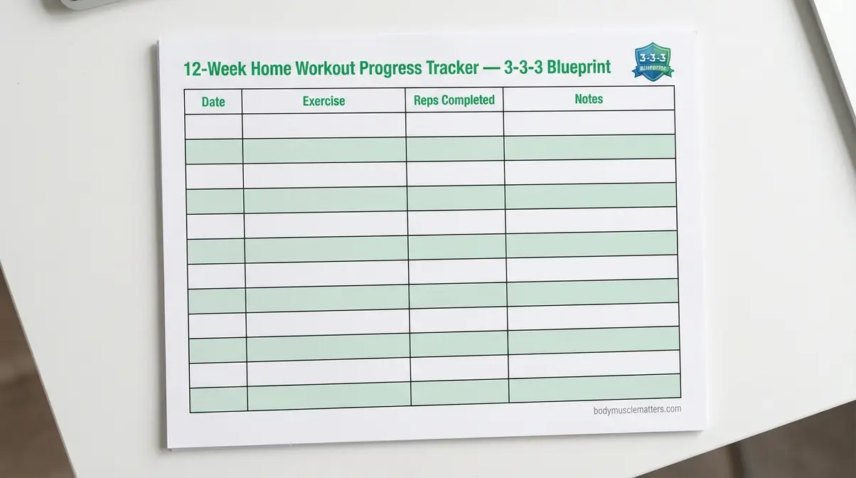 Printable 12-week home workout progress tracker for beginners using the 3-3-3 Blueprint