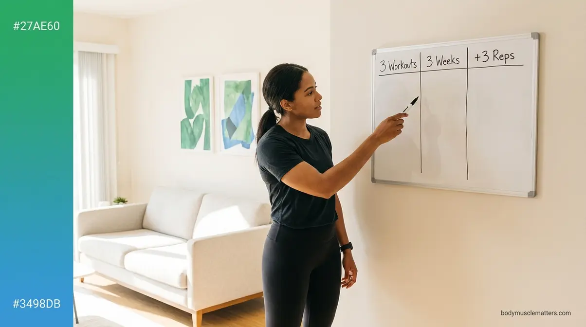 Beginner reviewing the 3-3-3 Blueprint home workout framework on a simple planning chart
