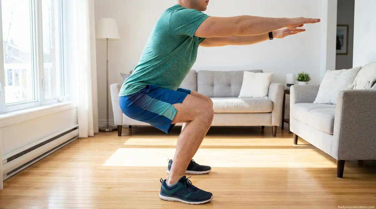 Beginner performing a bodyweight squat with correct form during the 20-minute home workout circuit