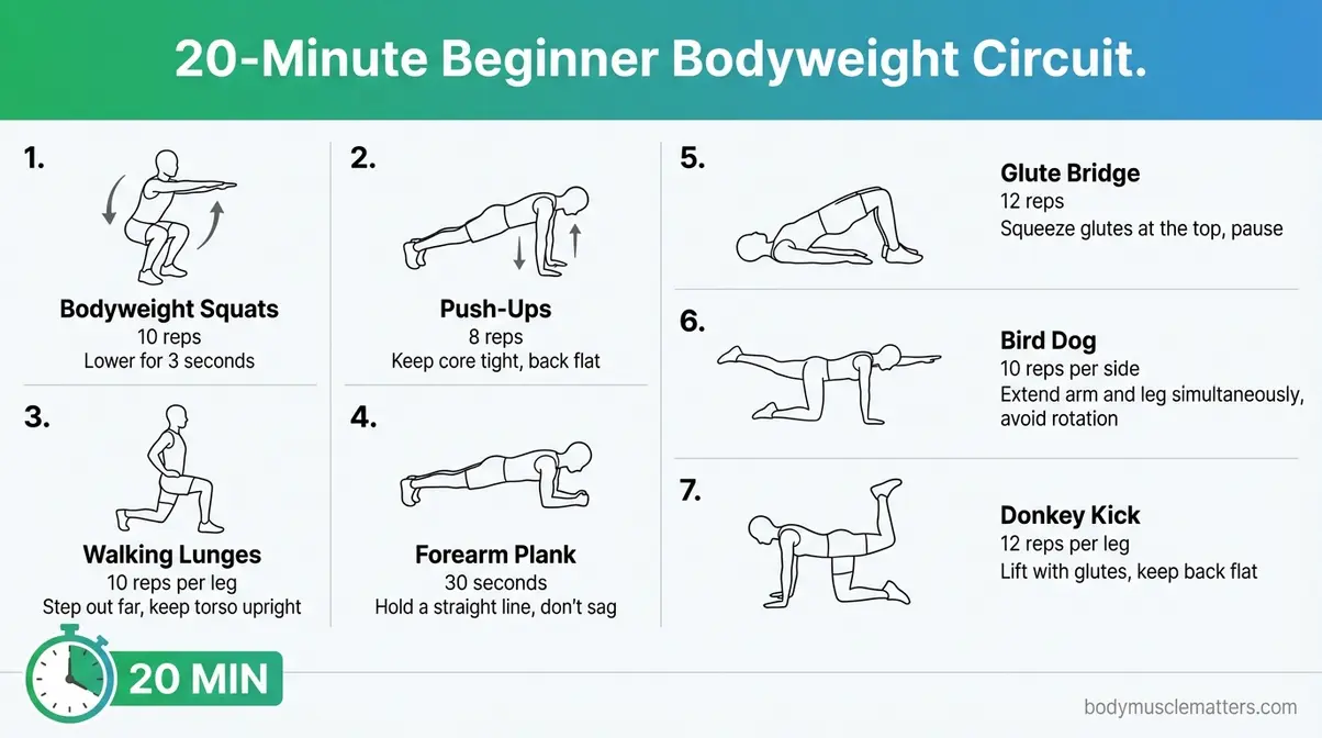 Home workout routine for beginners infographic showing 7 bodyweight exercises with reps and form cues
