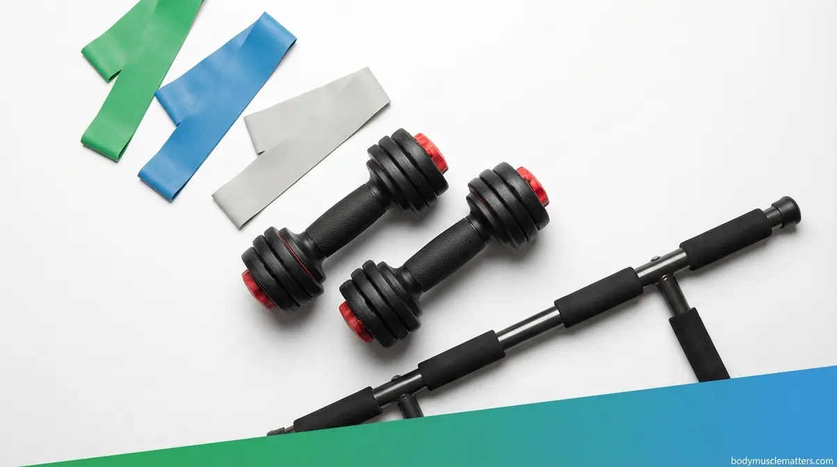 Beginner home gym equipment including resistance bands, adjustable dumbbells, and a doorframe pull-up bar