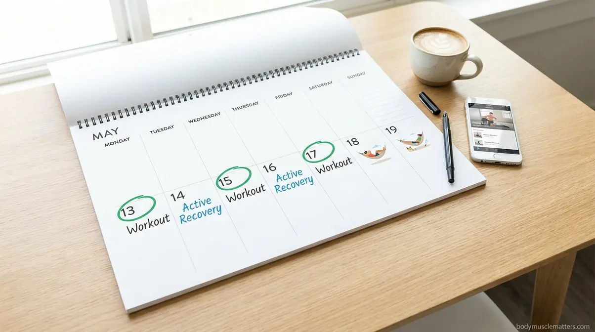 Beginner weekly workout schedule calendar showing Monday Wednesday Friday training days and active recovery