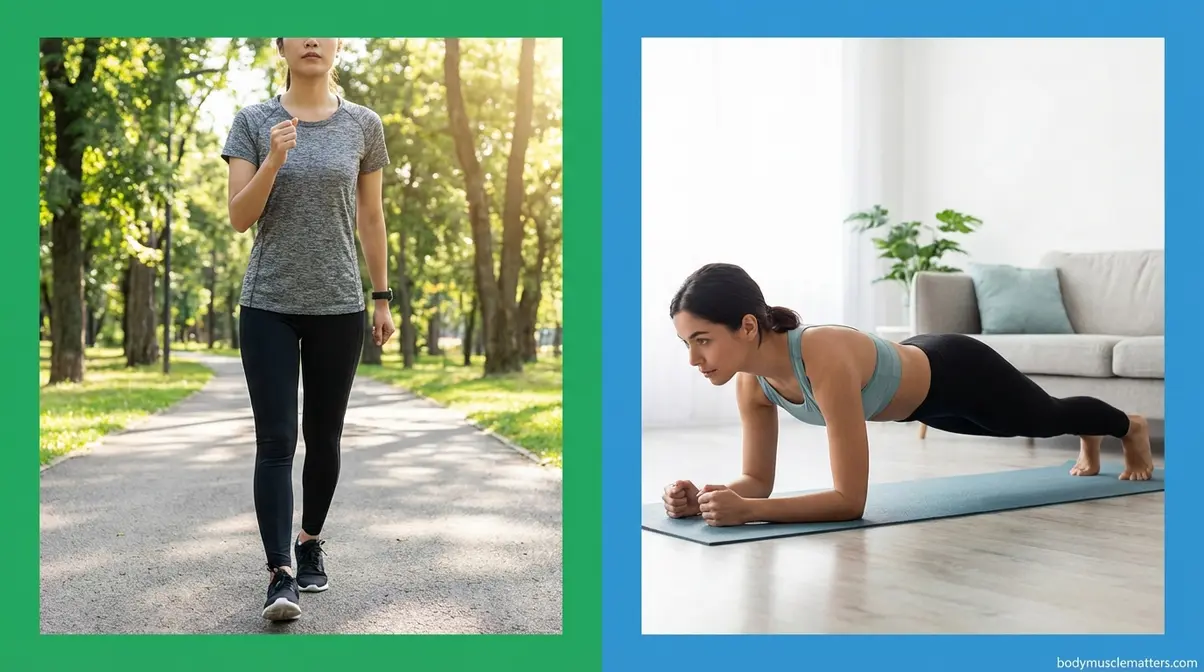 Beginner training for fat loss with walking and core strength with plank at home