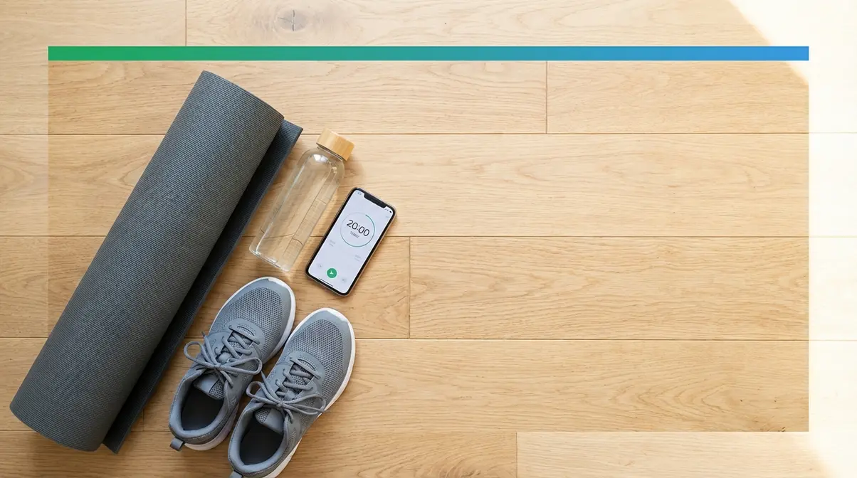 Beginner home workout setup showing yoga mat, phone timer, and athletic shoes on hardwood floor