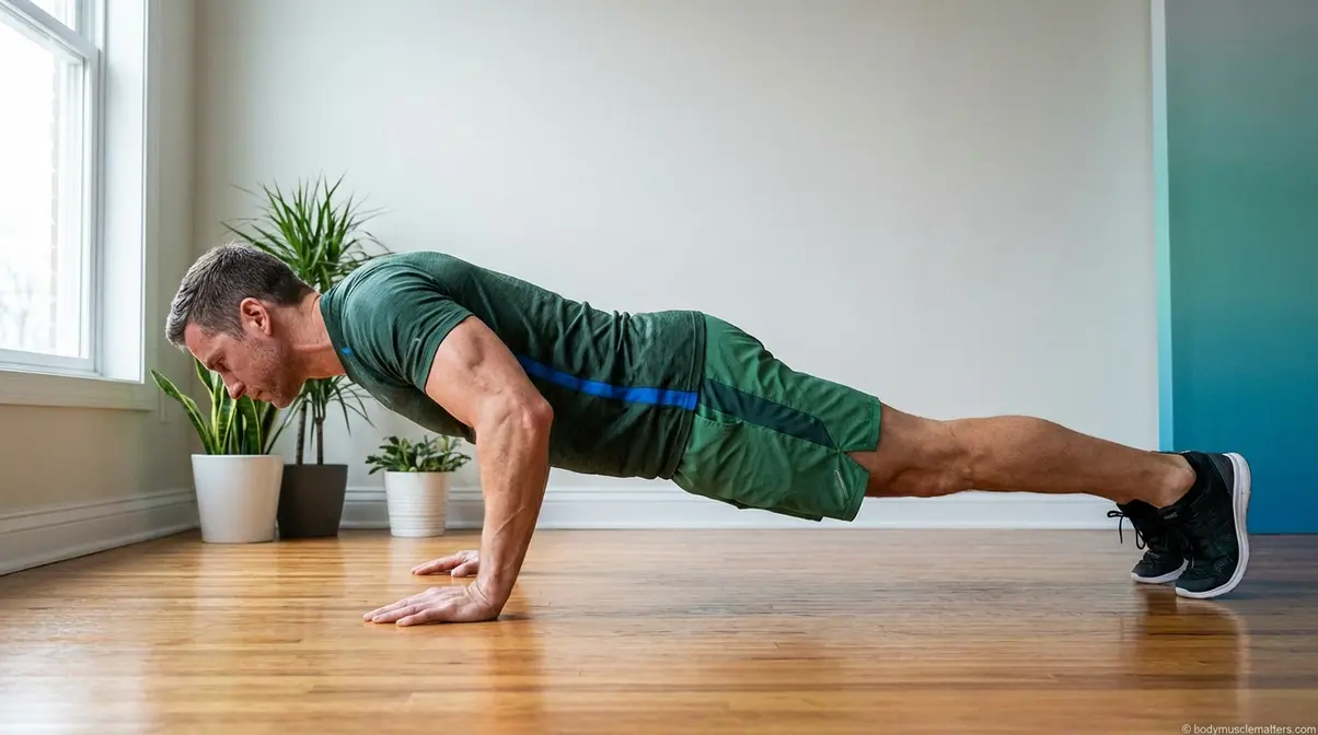 Man performing a push-up with correct form during a beginner home workout plan for men