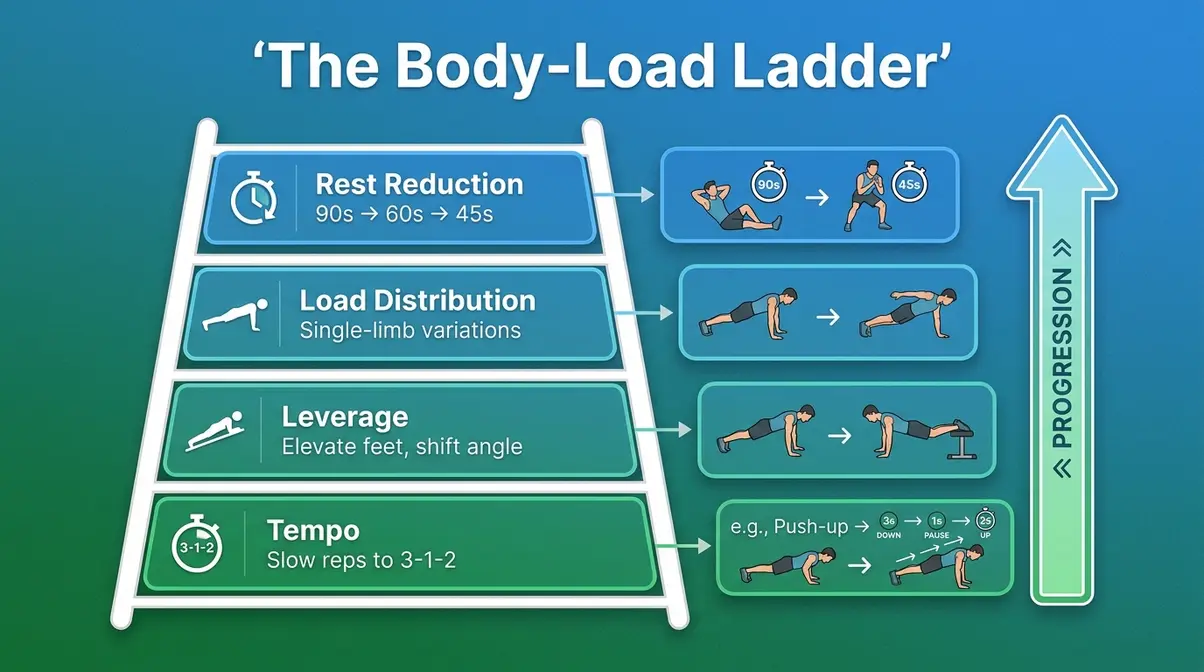 The Body-Load Ladder diagram showing four progression rungs: Tempo, Leverage, Load Distribution, Rest Reduction