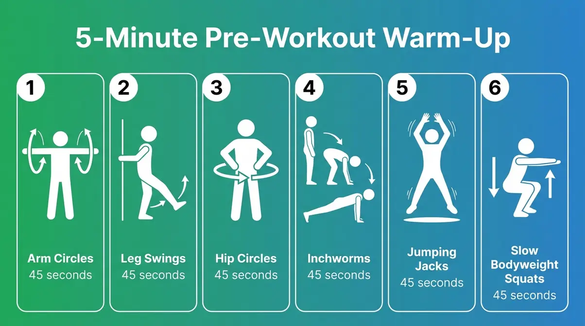 Five-minute pre-workout warm-up sequence showing arm circles, leg swings, hip circles, inchworms, jumping jacks, and squats