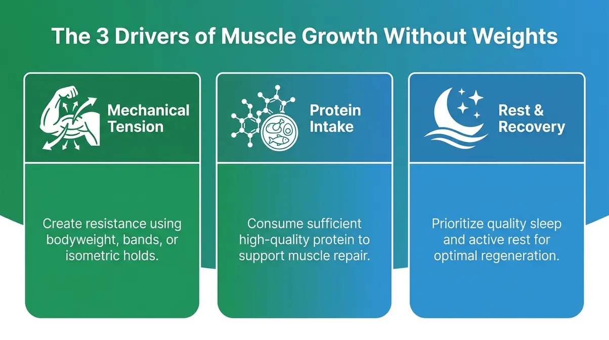 Infographic showing the three pillars of muscle growth: mechanical tension, protein intake, and rest