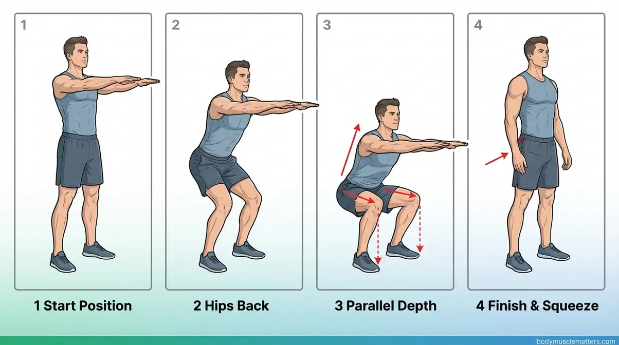 Four-step bodyweight squat form guide showing correct knee and back alignment for beginners