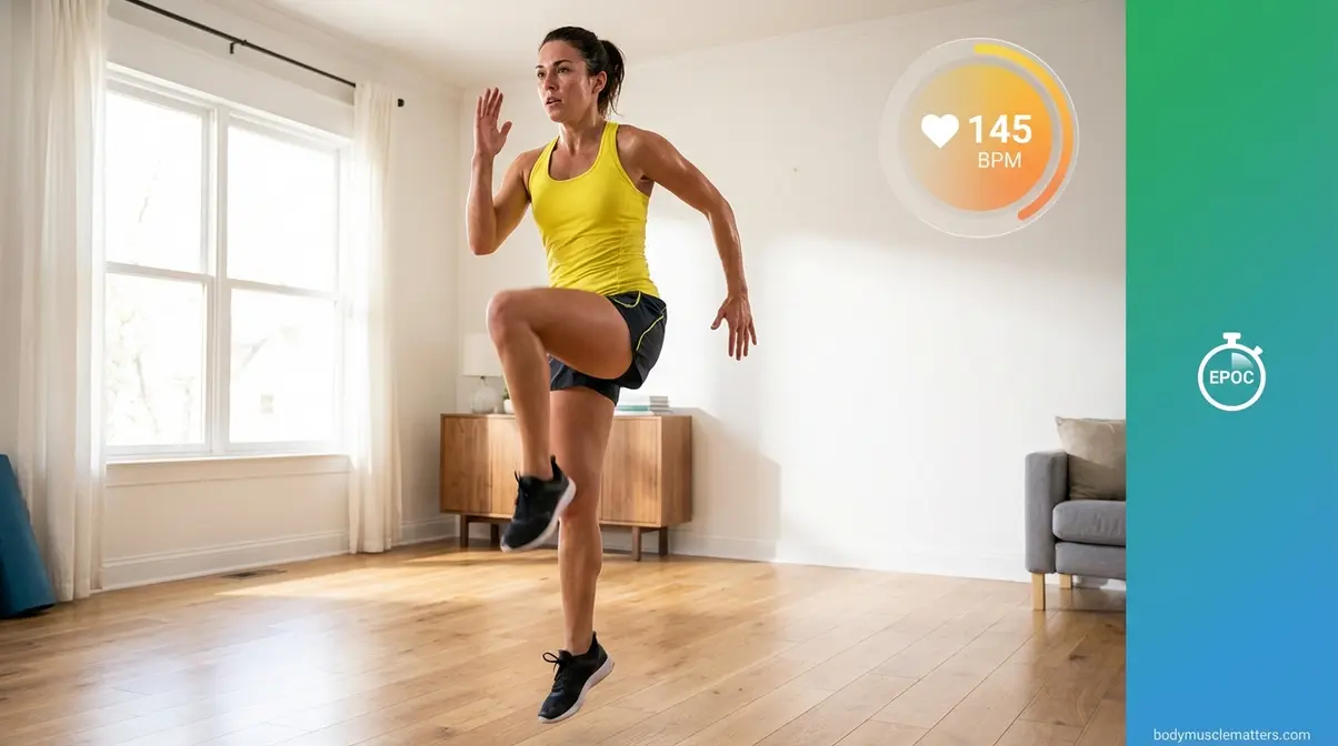 Beginner performing high knees at home during a fat-burning bodyweight circuit workout session