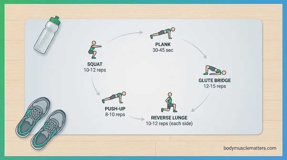 Home workout foundation setup showing a clear floor space with the five beginner bodyweight exercise positions