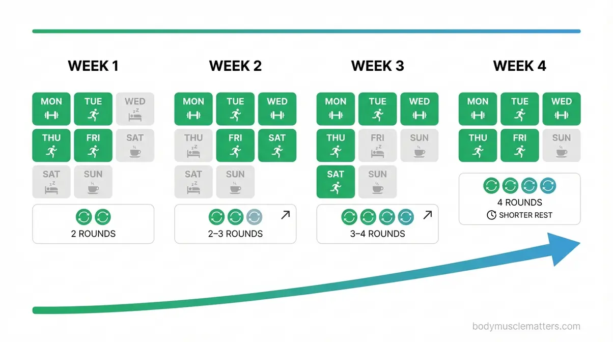 Four-week progressive bodyweight workout plan calendar showing increasing rounds and reducing rest periods week by week