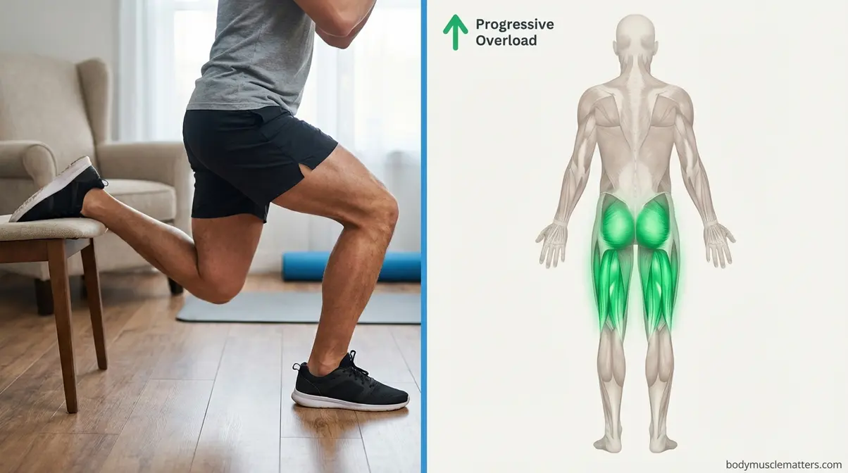 Beginner performing Bulgarian split squat at home showing muscle engagement for bodyweight muscle building