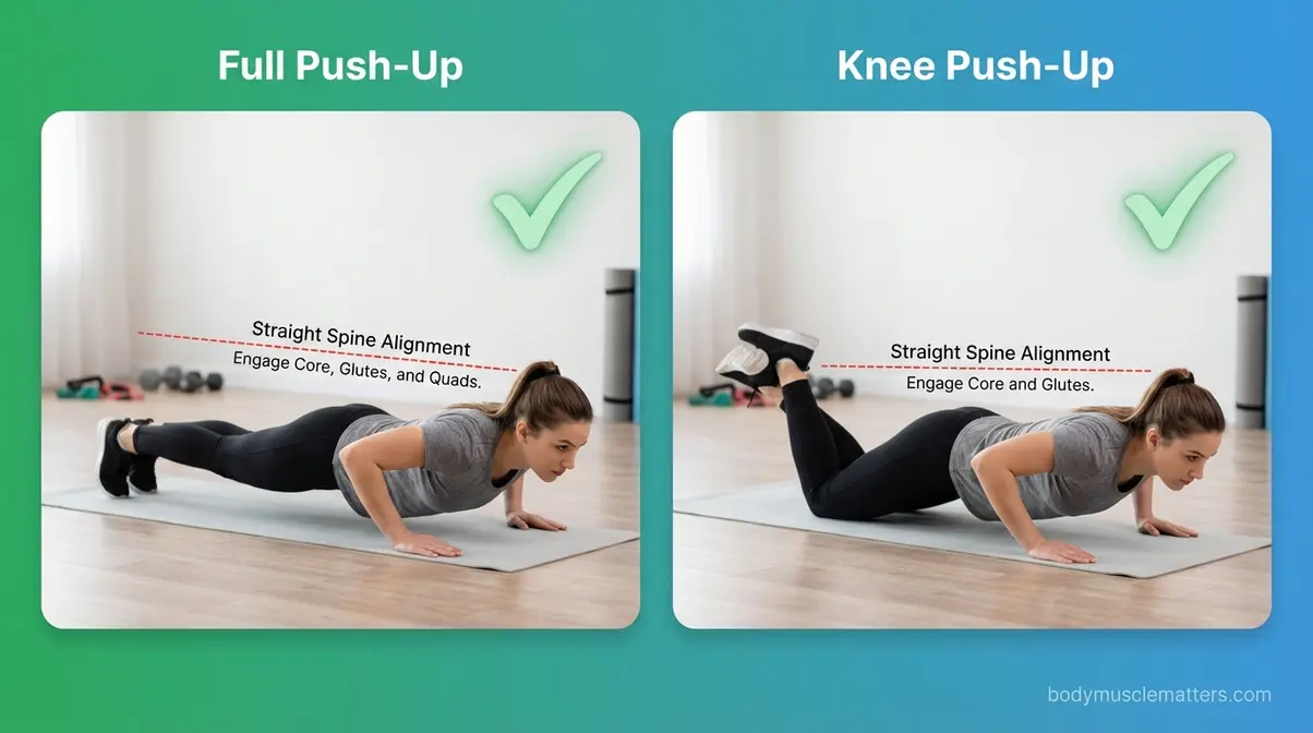 Side-by-side comparison of full push-up and knee push-up showing correct spine alignment for beginners