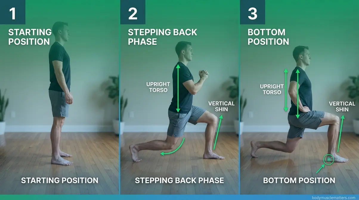 Three-step reverse lunge form guide showing correct back-stepping technique for beginners at home
