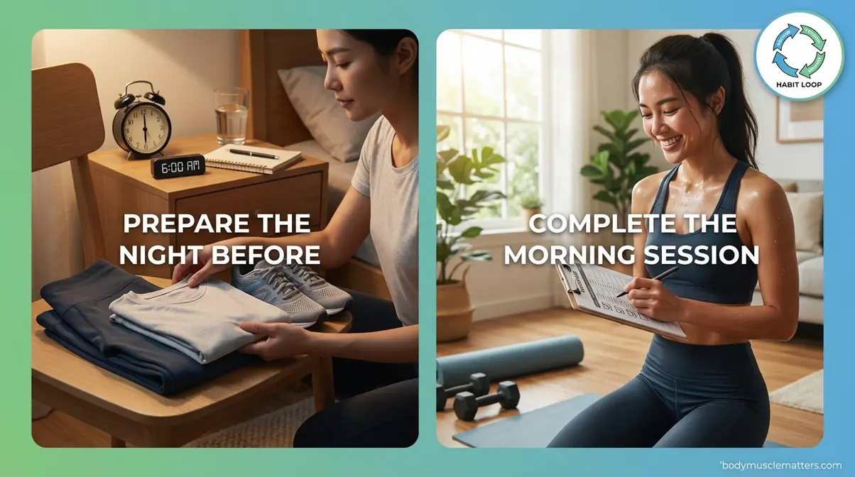 Beginner building a workout habit by laying out clothes the night before and completing morning sessions consistently