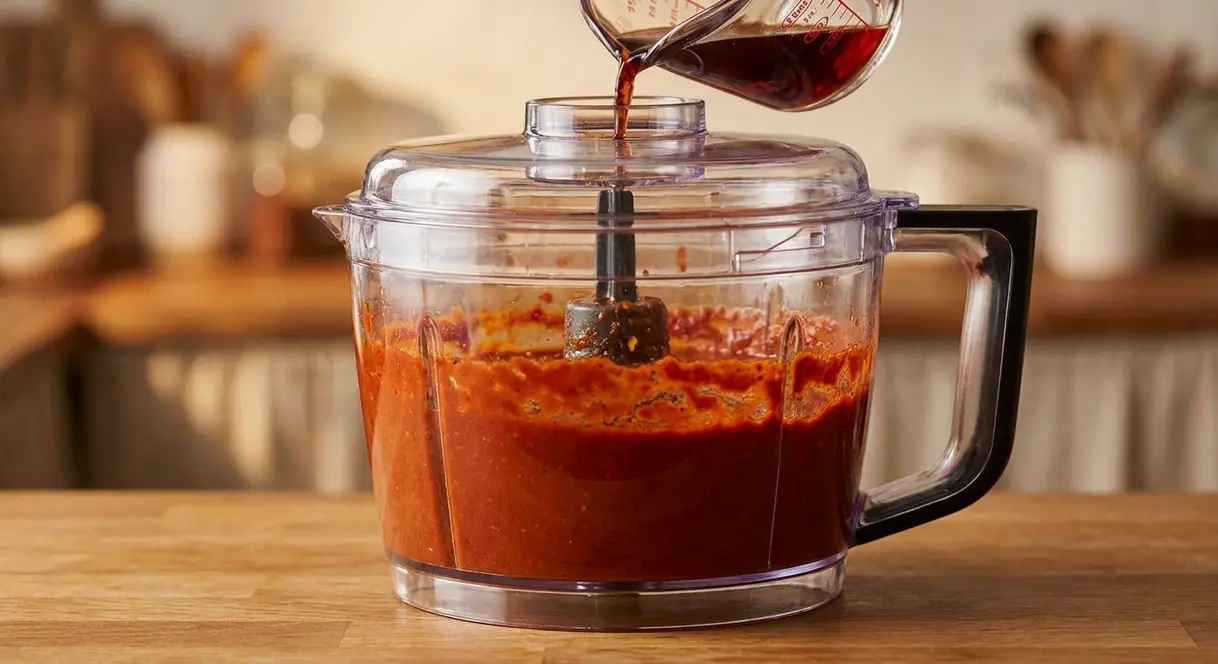 Homemade Chili Paste Recipe: 4 Steps, 30 Minutes 9 Thick red homemade chili paste blending in a food processor with smooth spreadable consistency