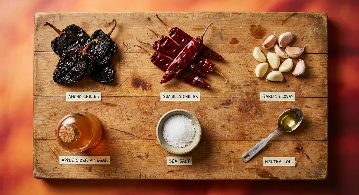 Homemade Chili Paste Recipe: 4 Steps, 30 Minutes 3 Six homemade chili paste ingredients laid out on a wooden board including dried chilies, garlic, and vinegar