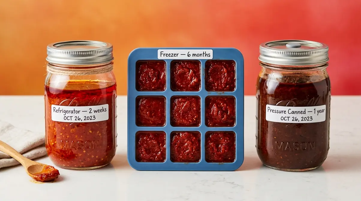 Homemade Chili Paste Recipe: 4 Steps, 30 Minutes 2 Three homemade chili paste storage methods showing refrigerator jar, freezer ice cube tray, and canned jar