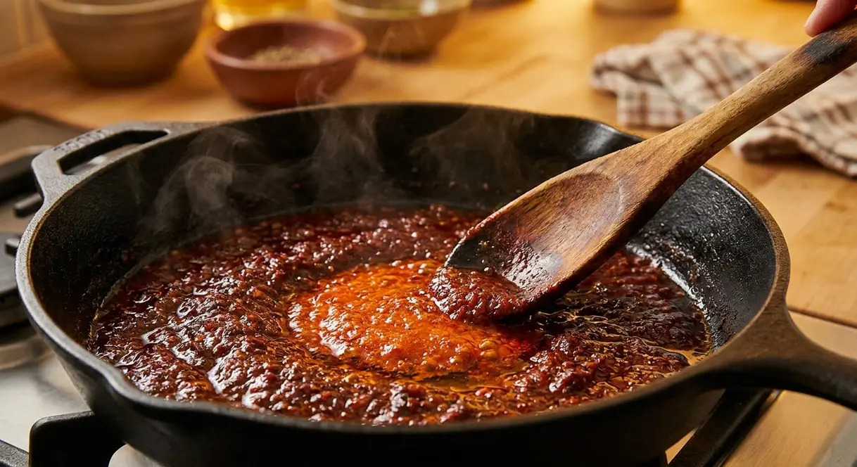 Homemade Chili Paste Recipe: 4 Steps, 30 Minutes 10 Homemade chili paste cooking in oil in a cast iron skillet darkening from red-orange to brick red