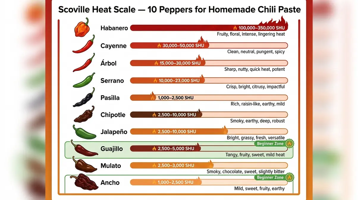 Homemade Chili Paste Recipe: 4 Steps, 30 Minutes 6 Infographic ranking ten chili pepper varieties by Scoville heat units for homemade chili paste