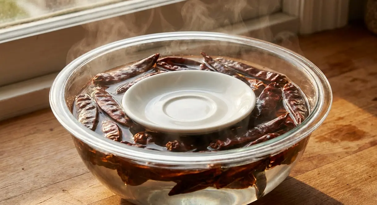 Homemade Chili Paste Recipe: 4 Steps, 30 Minutes 8 Toasted dried chilies soaking in boiling water in a heatproof bowl weighted with a plate