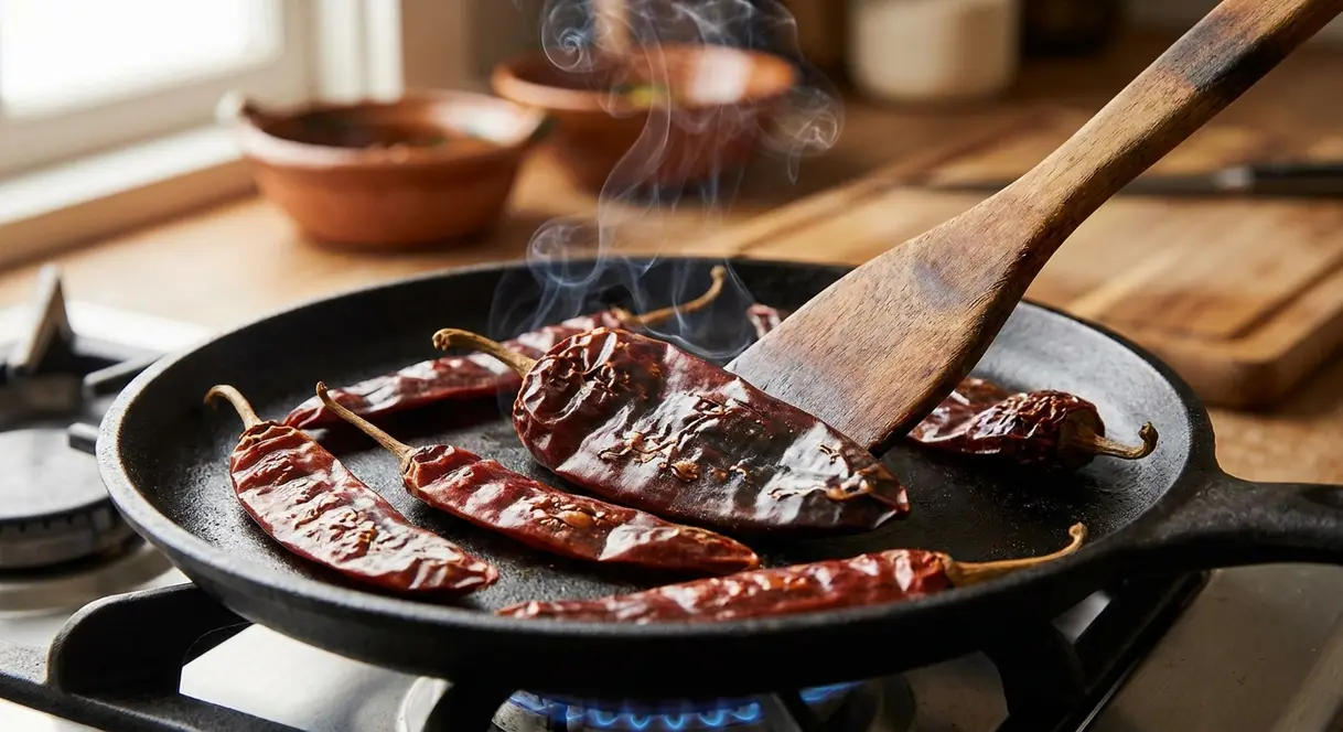 Homemade Chili Paste Recipe: 4 Steps, 30 Minutes 7 Dried Ancho and Guajillo chilies toasting in a cast iron skillet for homemade chili paste