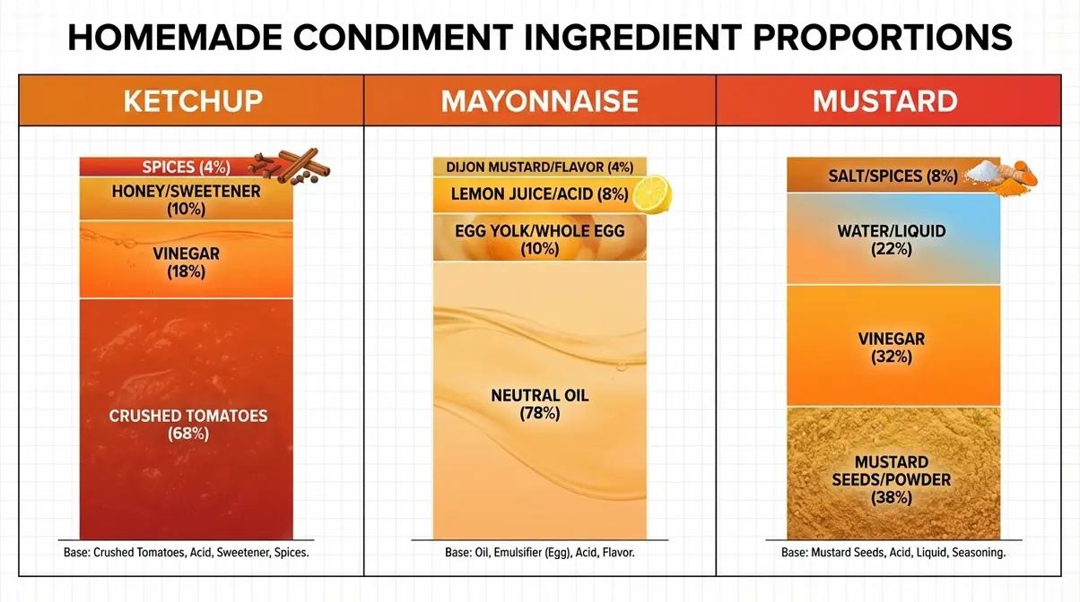Visual chart of ingredient ratios for homemade condiments recipes ketchup mayo and mustard