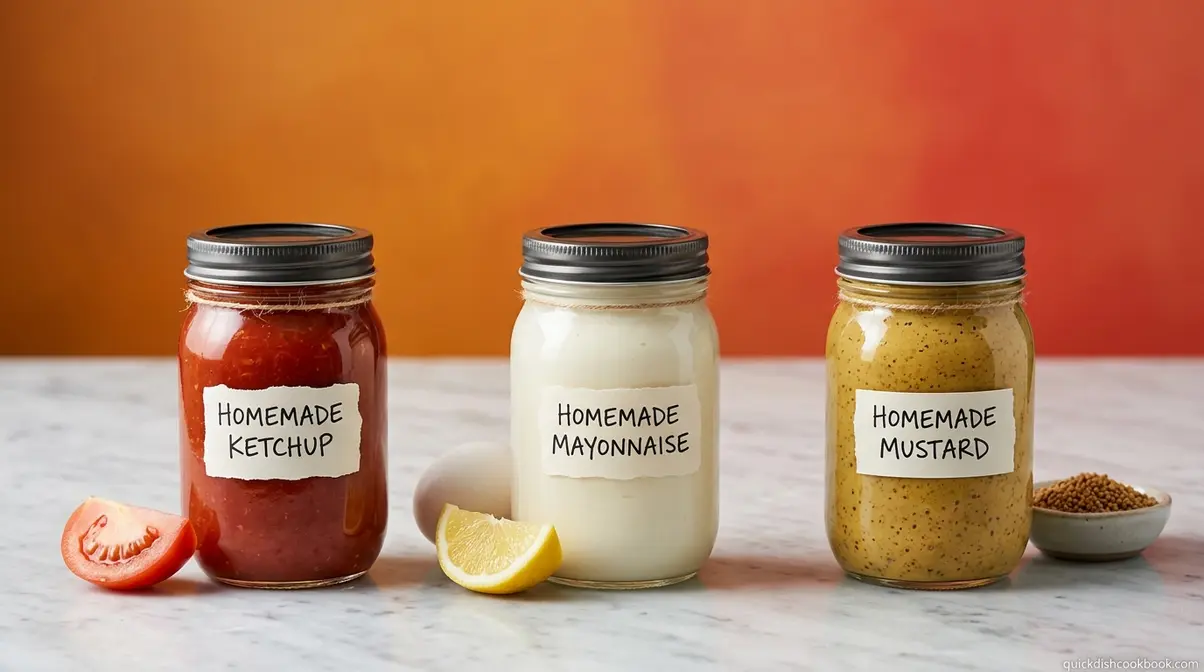 Three glass jars of homemade ketchup mayonnaise and mustard on marble surface with fresh ingredients