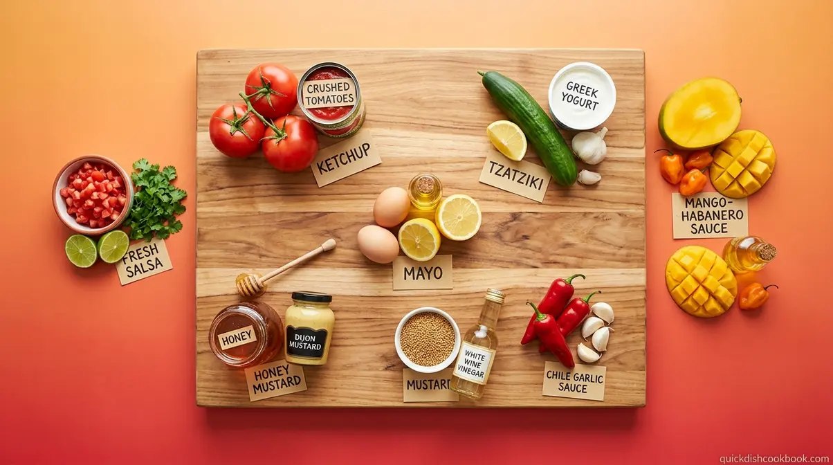Raw ingredients for multiple homemade condiment recipes arranged on a wooden cutting board