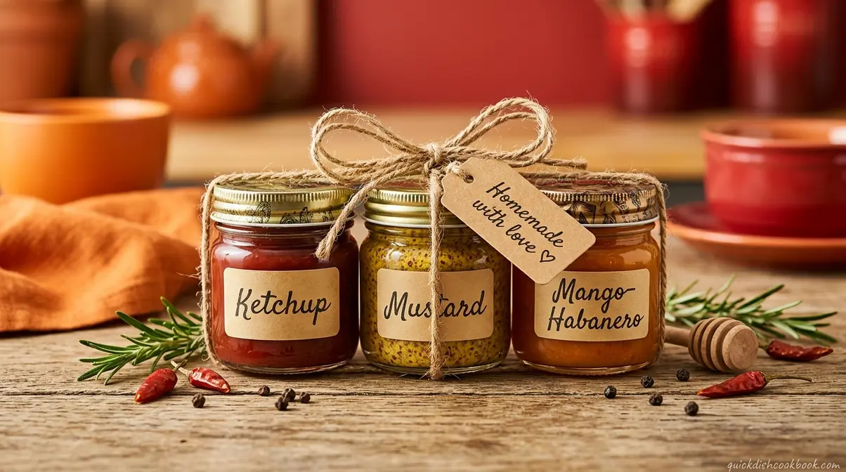 Homemade condiment gift set in mason jars tied with twine and kraft paper gift tags on wooden table