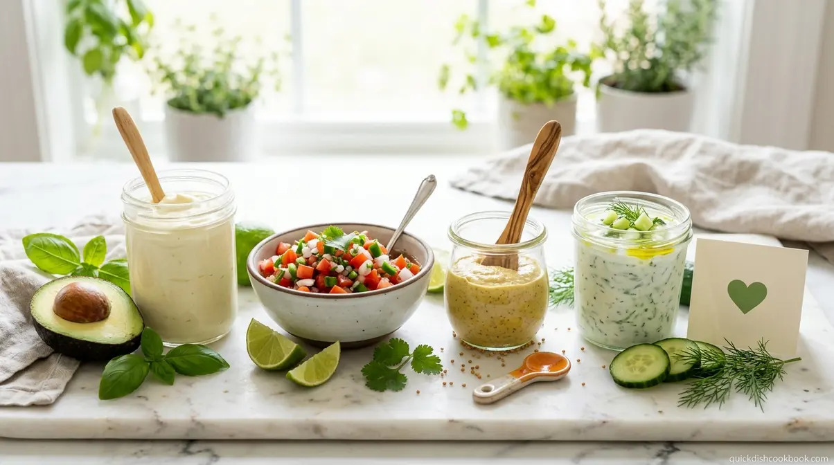 Healthy homemade condiments for diabetics and cholesterol management including avocado mayo salsa and tzatziki