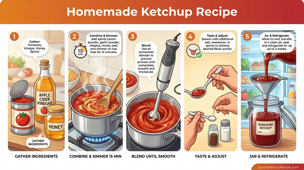 Step by step infographic showing homemade ketchup recipe process from tomatoes to finished condiment