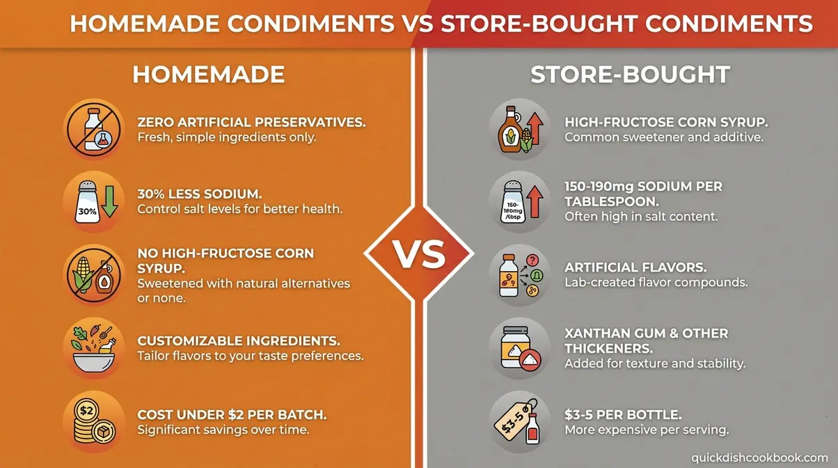 Infographic comparing homemade condiment benefits versus store-bought sugar sodium and additive levels