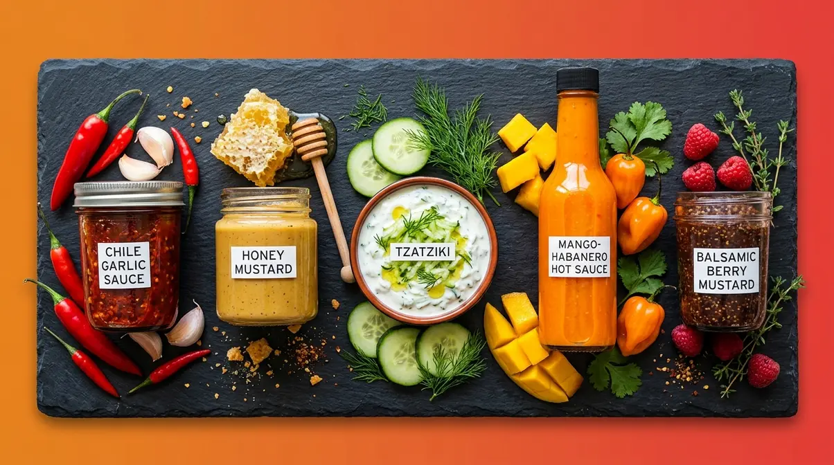 Five specialty homemade condiments including chile garlic sauce honey mustard tzatziki and mango habanero hot sauce