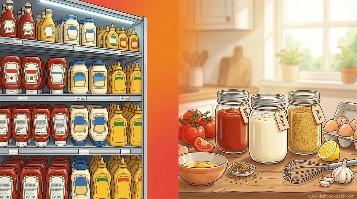 Comparison of store-bought condiment bottles versus homemade condiments in glass jars with fresh ingredients