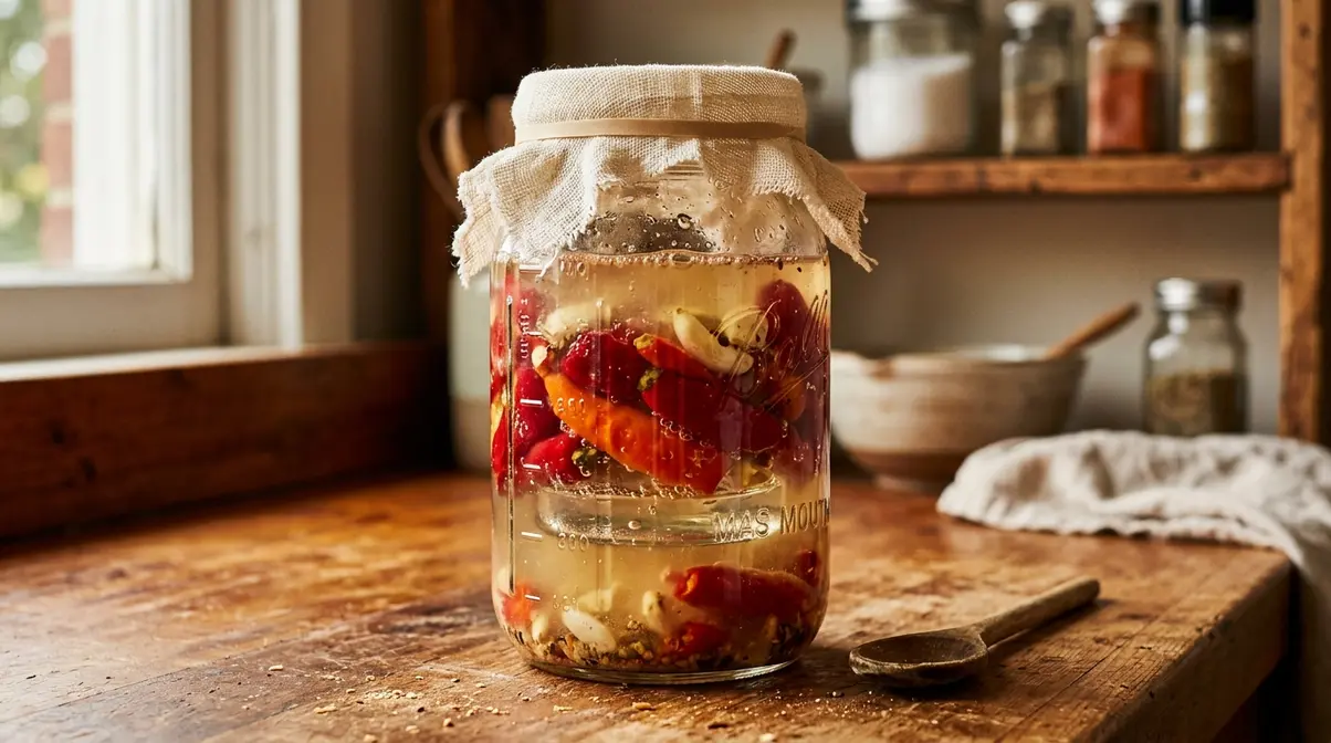 Homemade Hot Sauce Recipe: 5 Steps, Under 45 Minutes 12 Fermented hot sauce mason jar with chili peppers submerged in brine and fermenting weight