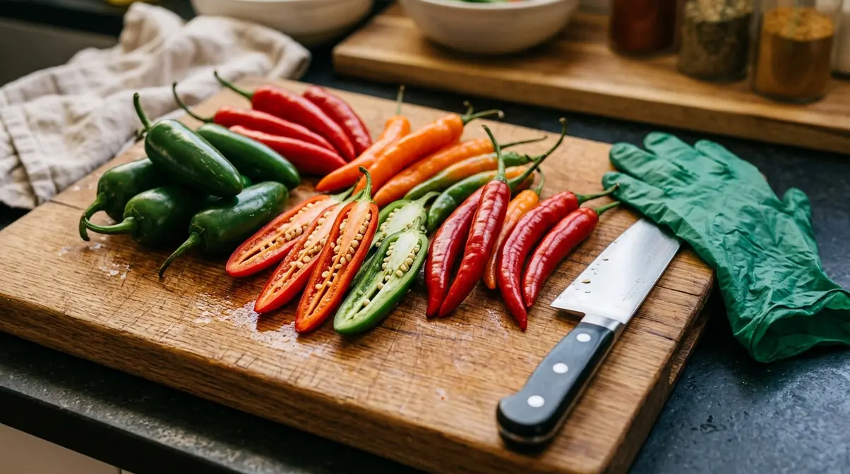 Homemade Hot Sauce Recipe: 5 Steps, Under 45 Minutes 3 Fresh jalapeño serrano and cayenne peppers on cutting board ready for hot sauce prep