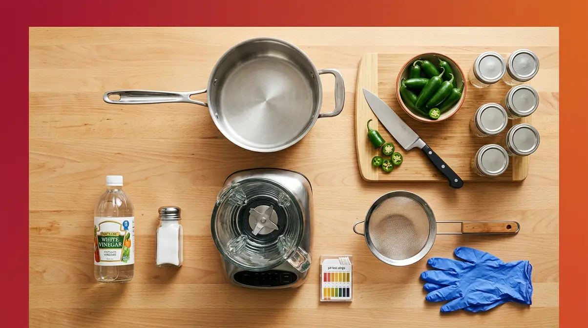 Homemade Hot Sauce Recipe: 5 Steps, Under 45 Minutes 2 Hot sauce making equipment including saucepan blender mason jars gloves and pH strips laid out