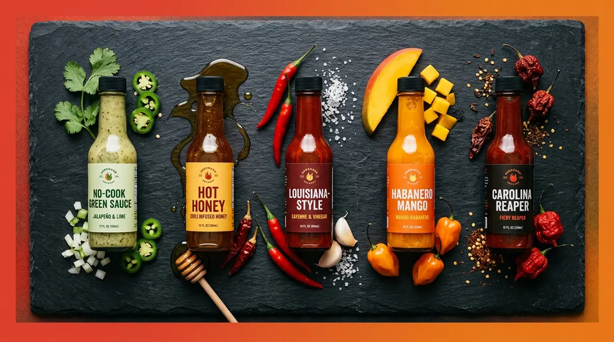 Homemade Hot Sauce Recipe: 5 Steps, Under 45 Minutes 9 Five homemade hot sauce variations in glass bottles including habanero honey green and Louisiana styles