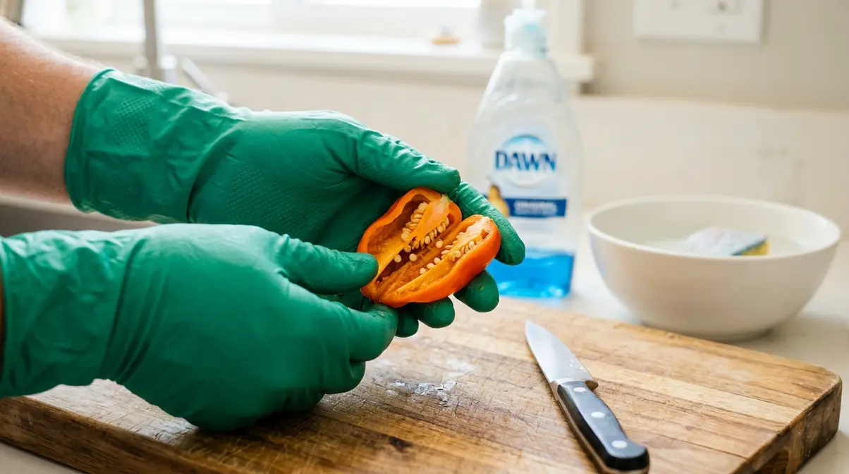 Homemade Hot Sauce Recipe: 5 Steps, Under 45 Minutes 5 Hands in nitrile gloves safely handling halved habanero pepper on cutting board